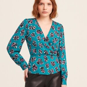 NWT The Kooples Paris “Rock Roses” Crossover Blouse Teal & Black Floral‎ US 6